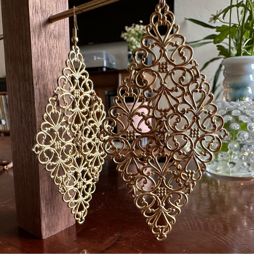Large gold filigree chandelier statement earrings